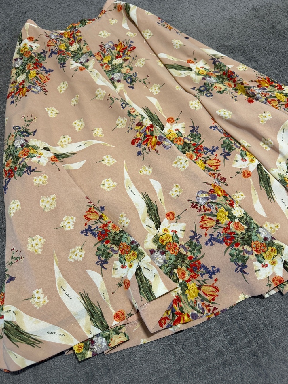 Vintage Kaneko Isao Floral Ribbon Bouquet Midi Skirt Lining K64FS07 - Picture 2 of 6